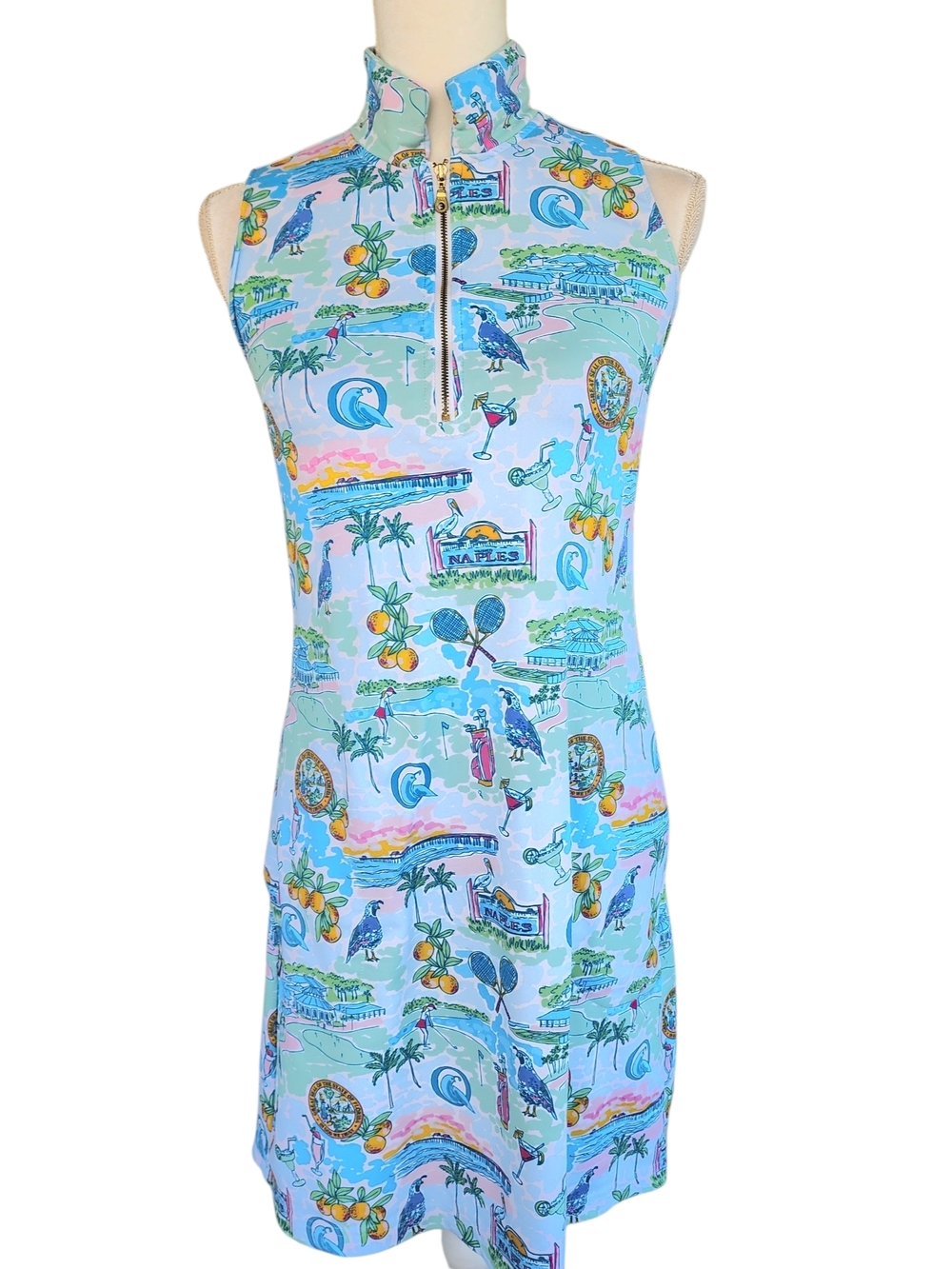 Smith & Quinn Sleeveless Light Blue Tropical Print Dress. - Picture 2 of 11